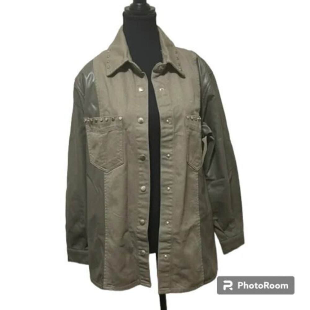 Zara Medium Khaki Green Faux Leather Contrast Studded Jacket - NWOT